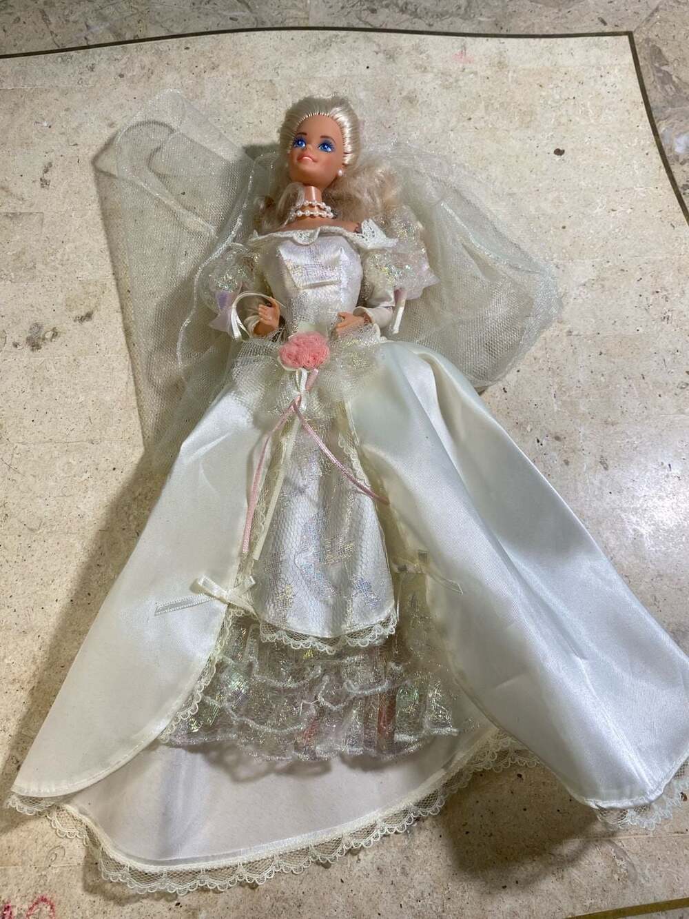 Vintage 1990s Barbie Wedding Doll in White Satin Gown